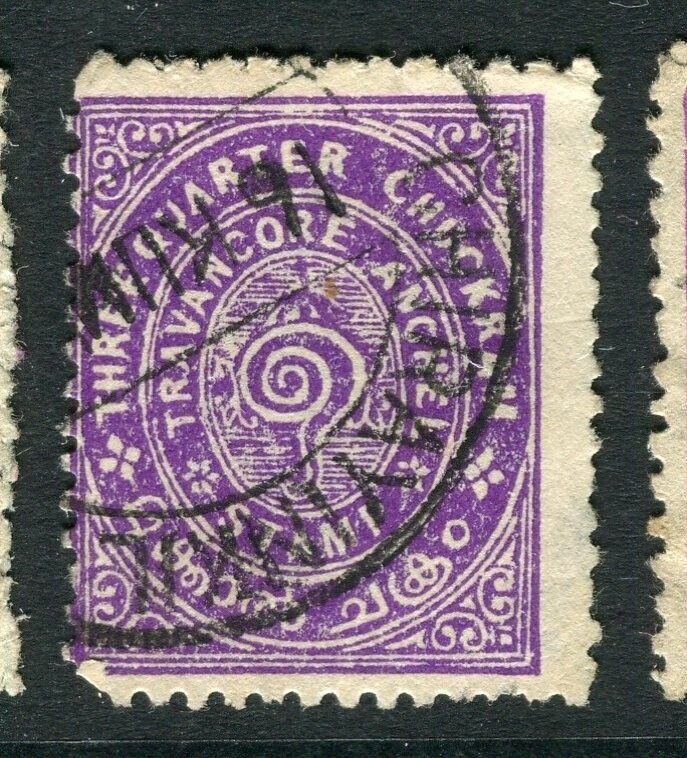 INDIA; TRAVANCORE early 1900s local issue fine used. 3/4ch value