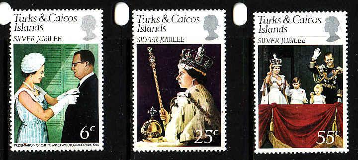 Turks & Caicos-Sc#321-3-unused NH set-QEII-25th Reign-1977-