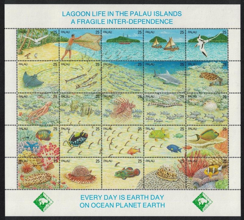 Palau Birds Turtle Manta Ray Fish Corals Lagoon Life Sheetlet of 25v 1990