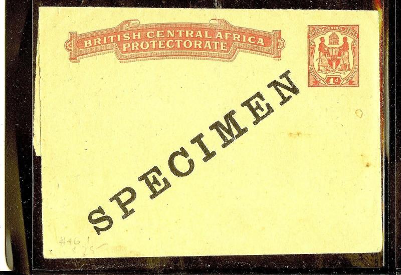 BRITISH CENTRAL AFRICA (P1210B) PS WRAPPER 1D ARMS OVPT SPECIMEN