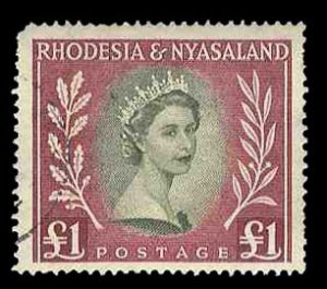 Rhodesia and Nyasaland #141-155 Cat$55, 1954-56 QEII 1/2p-£1, complete set, used