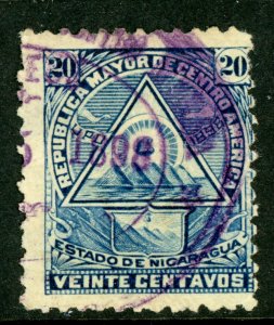 Nicaragua 1896 Seebeck 20¢ Coat of Arms Wmk Postally Used B940 ⭐⭐⭐⭐