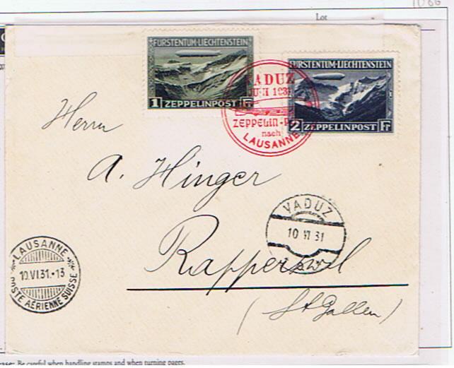 LIECHTENSTEIN 1931 VADUZ-LAUSANNE FLIGHT COVER