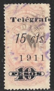 NICARAGUA 1911 15c on 10p Telegraph Stamp Hisc. No. 146 Used