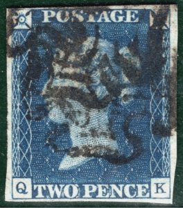 GB 1840 TWO PENCE BLUE QV Stamp SG.5 2d Plate 1 (QK) Used MX Cat £975 PRED42