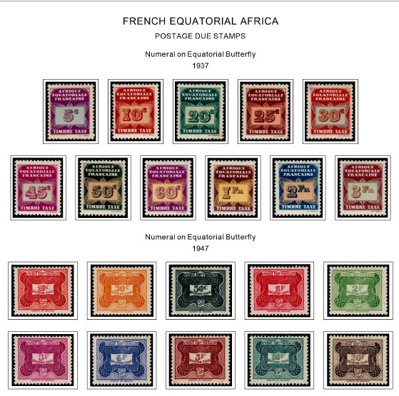 COLOR PRINTED FRENCH EQT. AFRICA 1936-1958 STAMP ALBUM PAGES (30 illustr. pages)