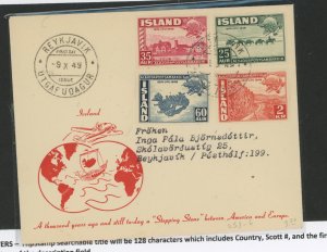 Iceland 253-6 1949 Universal postal Union (UPU) set of four on an addressed (typed) FDC with cachet