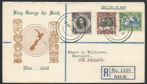 NIUE 1938 GVI 1/-, 2/- & 3/- set of 3 on registered FDC - scarce...........56263