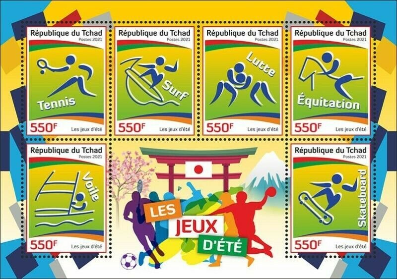 Chad - 2021 Summer Games, Tennis, Surfing - 6 Stamp Sheet - TCH210437a 