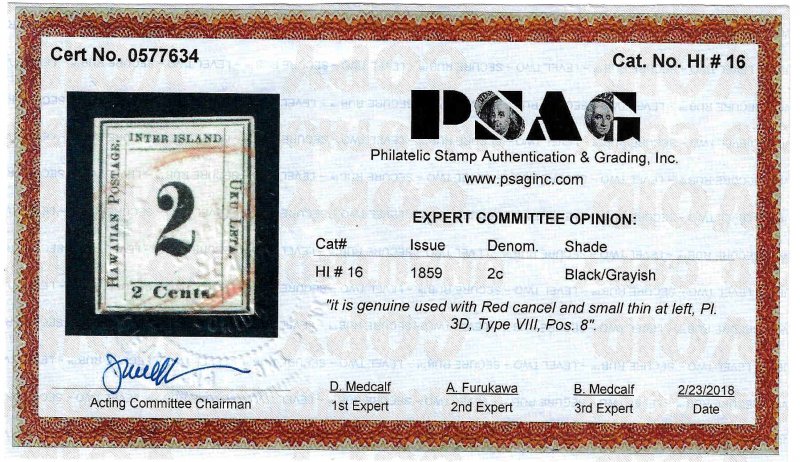 Hawaii 16 Used... PSAG certificate... SCV $850.00... red cancel... Nice!