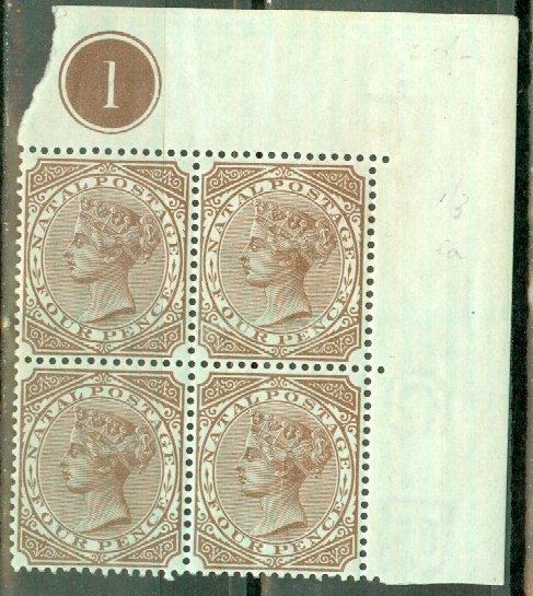 JN: Natal 70 MNH corner block of 4 with selvage CV $70