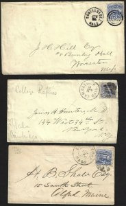 US 1869 THREE MASS COVERS Sc 114 TIED SOUTHBRIDGE CAMBRIDGE & EDGERTOWN