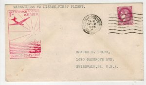 1939 TRANS ATLANTIC AIRMAIL FIRST FLIGHT F18-6A MARSEILLES TO LISBON Red Cachet