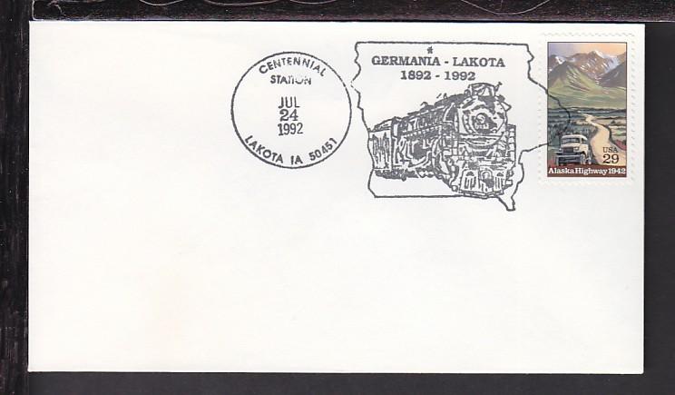 Centennial Lakota,IA 1992 Cancel Cover BIN 