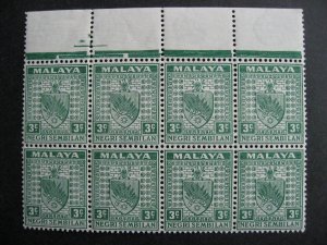 Malaya Negri Sembilan Sc 22B MNH upper margin block of 8, large catalogue value! 