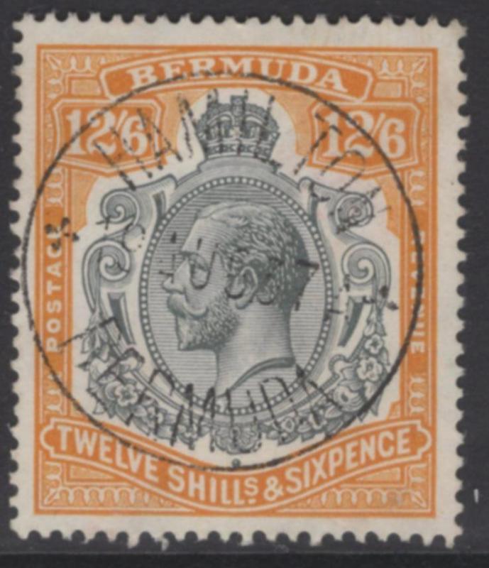 BERMUDA SG93 1932 12/6 GREY & ORANGE BREAK IN SCROLL TO RIGHT OF CROWN F.USED