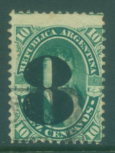 ARGENTINA 1877  Ribadavia  Surch. 8c /10c green  Scott 32 used F/VF