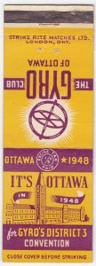 Canada Revenue 1/5¢ Excise Tax Matchbook THE GYRO CLUB OF OTTAWA