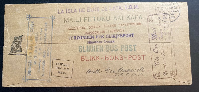 1936 Limerick Fiji Tin Can Canoe Mail cover To Niuafoou Tonga Toga Via Apia