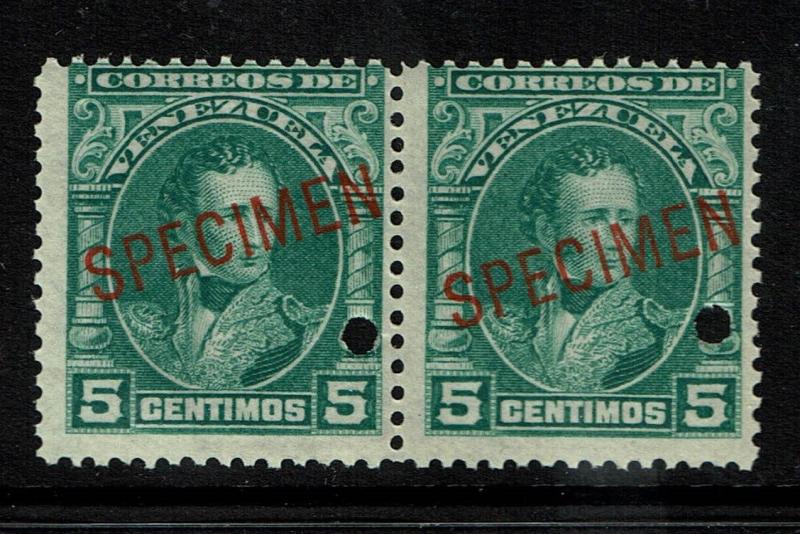 Venezuela 1904 5c blue green Specimen, Mint Never Hinged, pair, lg ovpt - S1420