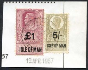 Isle of Man KGVI One Pound and 5/- Key Plate Type Revenues CDS on Piece