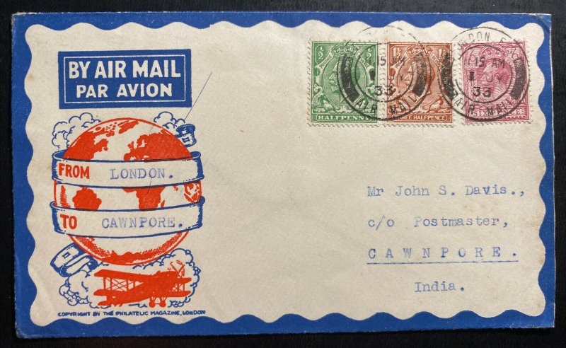 1933 London England First Flight Airmail Cover FFC To Cawnpore India