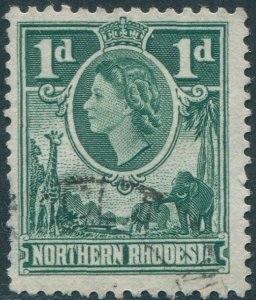 Northern Rhodesia 1953 SG62 1d bluish green QEII Giraffe Elephants FU