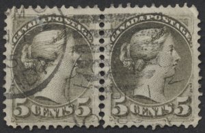 Canada #38 5c Small Queen Pair VF Centered Hamilton Duplex Dated PM JUN 1 85