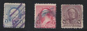 Scott #219, 220, 225, Colored Fancy Cnls, 1890 Issue