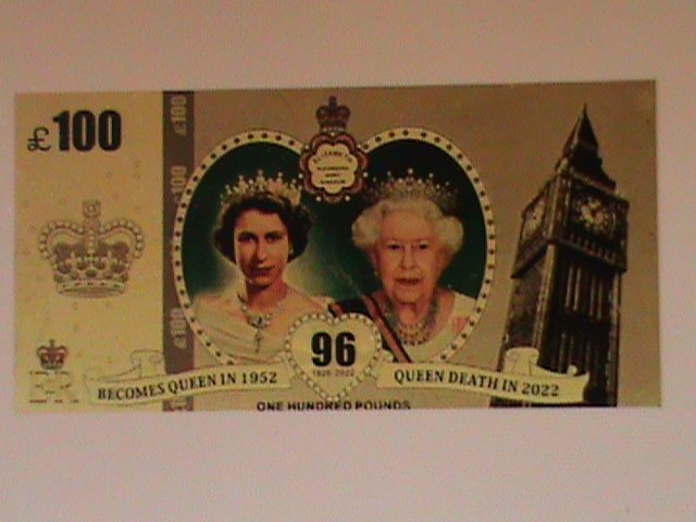 ​UNITED KINDOM-QUEEN ELIZABTH II 24 KARAT GOLD REPLICA $100 -VF WITH CERTIFICATE
