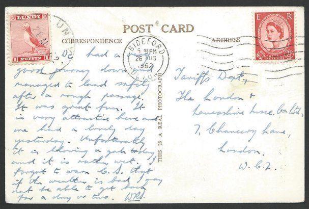 GB LUNDY 1962 postcard to London, 1p puffin................................48760