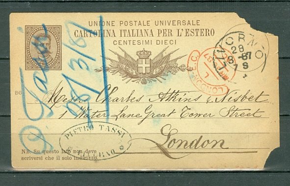 ITALY 1887 HUMBERT OLD CARD SENT to LONDON