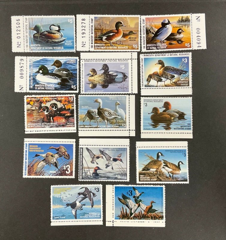 MINNESOTA STATE DUCK stamp group of 14. VF, Mint.