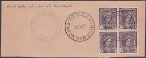 PAPUA NEW GUINEA 1946 piece Australia 1d block WEWAK cds first day of use..A8012