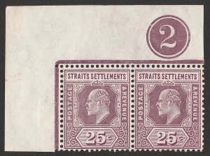 MALAYA - STRAITS SETTLEMENTS 1904 KEVII 25c pair plate 2, wmk mult crown. MNH ** 