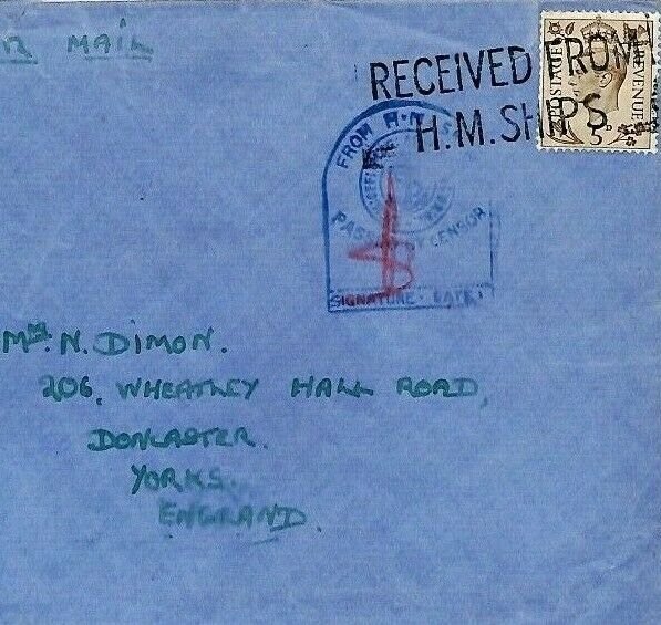 GB Cover Forces Air Mail NAVAL CENSOR WW2 Received from HM Ship CS356