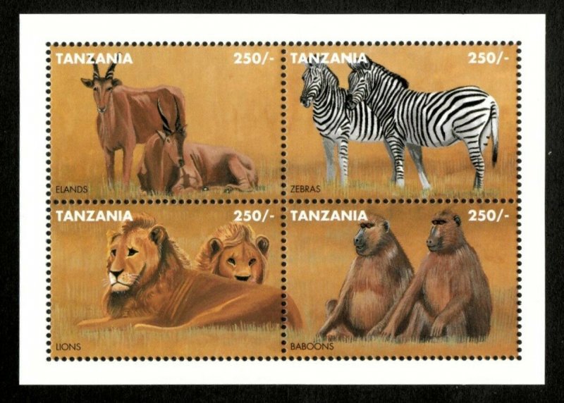 Tanzania 1995 - Wild Animals Lions Zebras - Block of 4 Stamps Scott 1364 - MNH