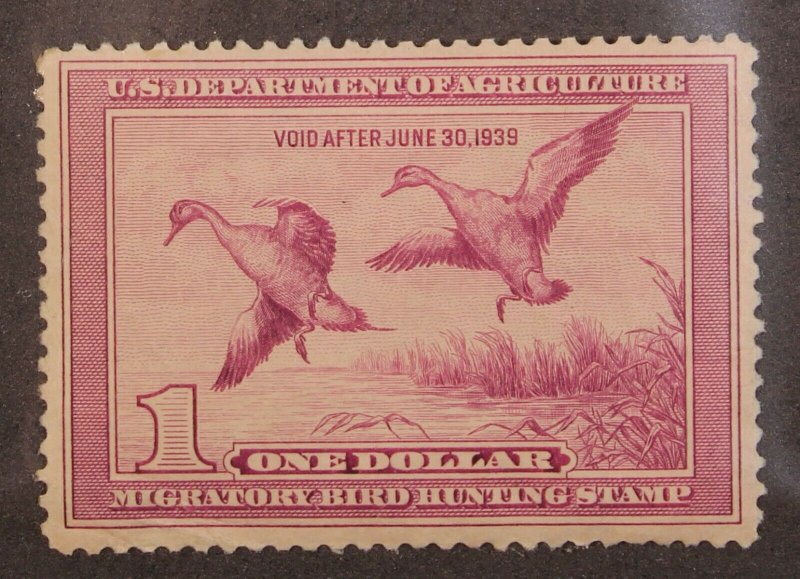 Scott RW5 - $1.00 1938 Duck Stamp - OG MH - Nice Centering - SCV - $175.00