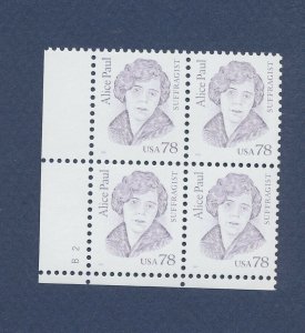 USA - Scott 2943a - MNH LL Plate Block #B2, grainy phos - 78c Alice Paul - 1995 