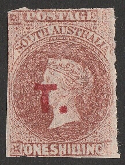 SOUTH AUSTRALIA Treasury 'T' red QV 1/-, rouletted. Extremely rare. Cerificate.