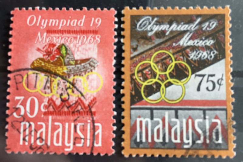 MALAYSIA 1968 Olympic Games Mexico 2V USED SG#54&55 VARIETY Dot over M