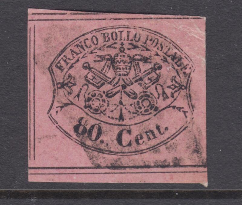 Roman States Sc 18 used 1867 80c black on lilac Papal Arms, light cancel