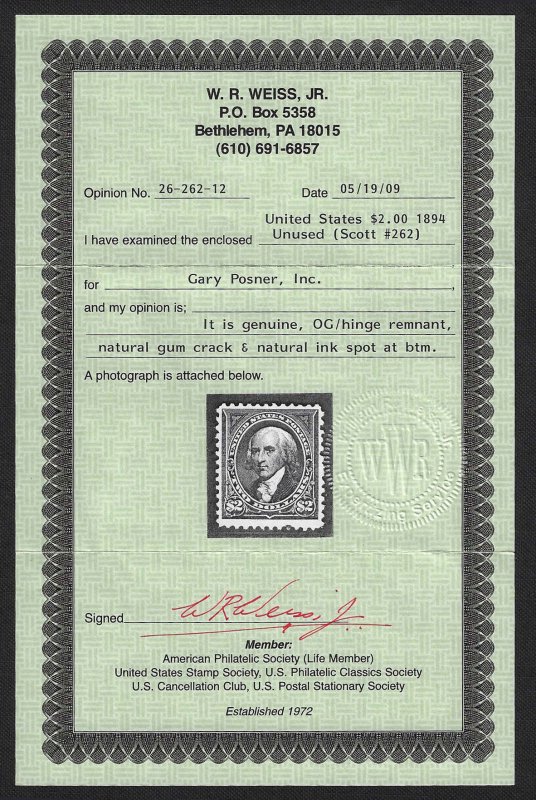 U.S. #262 Unused OG HR; $2 Madison (1894) - Weiss Certificate