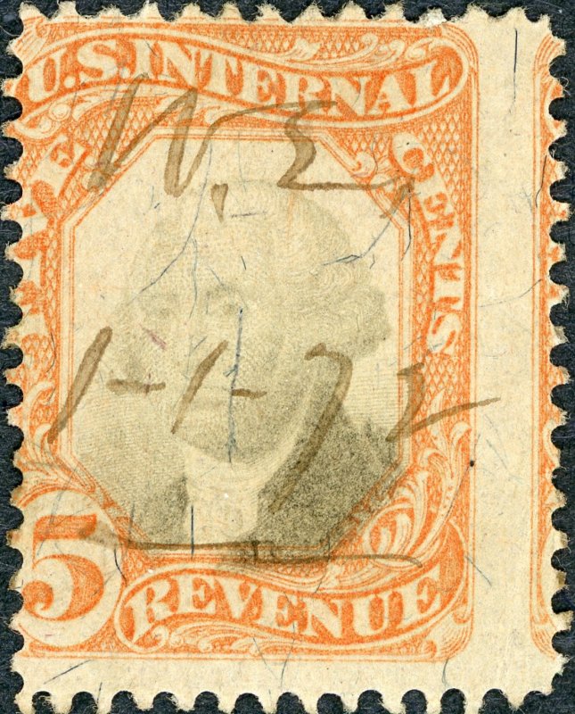 #R137 – 1872 5 org, blk, revenue. Used.