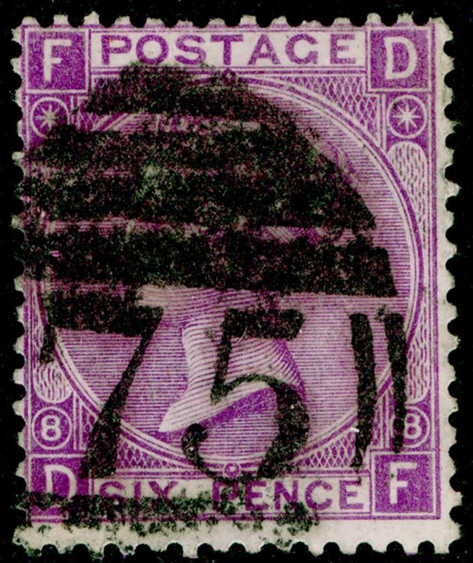 SG109, 6d mauve PLATE 8, USED. Cat £140. DF