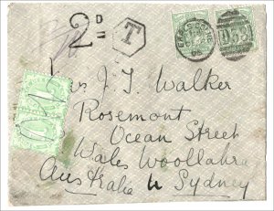 Australia 1906 Incoming part cover from UK franked 2x KE7 ½d, 2d & T marks, pa