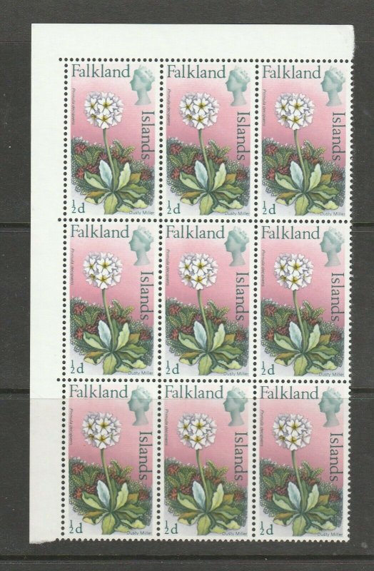 Falkland Islands 1968 flowers 1/2d DAMAGED CROWN in positional corner block 9, U