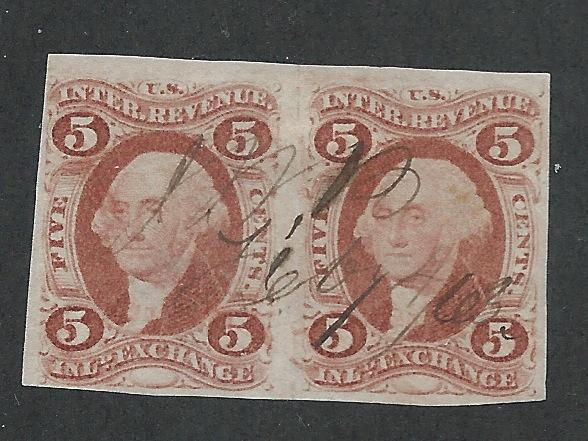 R27a Used, First Issue, 5c. Red, imperf Pair