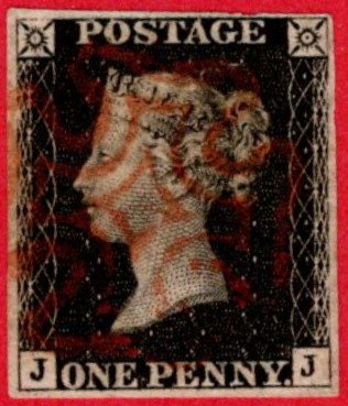 GBR SC #1 U (J,J) 1840 Queen Victoria 4 margins w/red MC CV $390.00