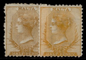 MALTA QV SG14 + 15, ½d SHADE VARIETIES, UNUSED. Cat £560.